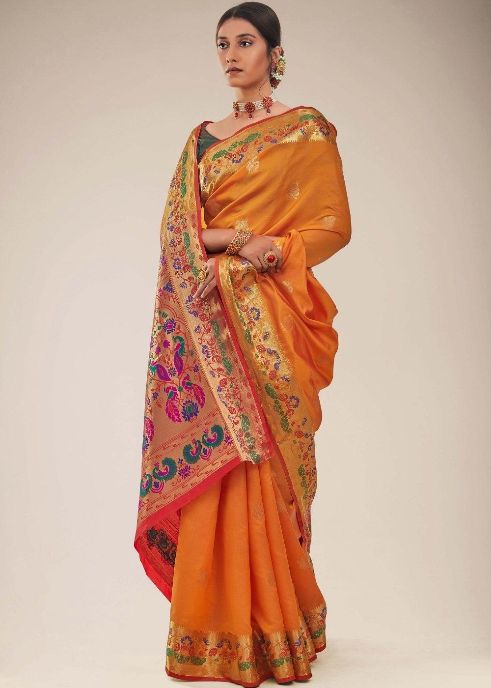 Royal Orange Woven Paithani Silk Saree | Stitched Blouse - qivii