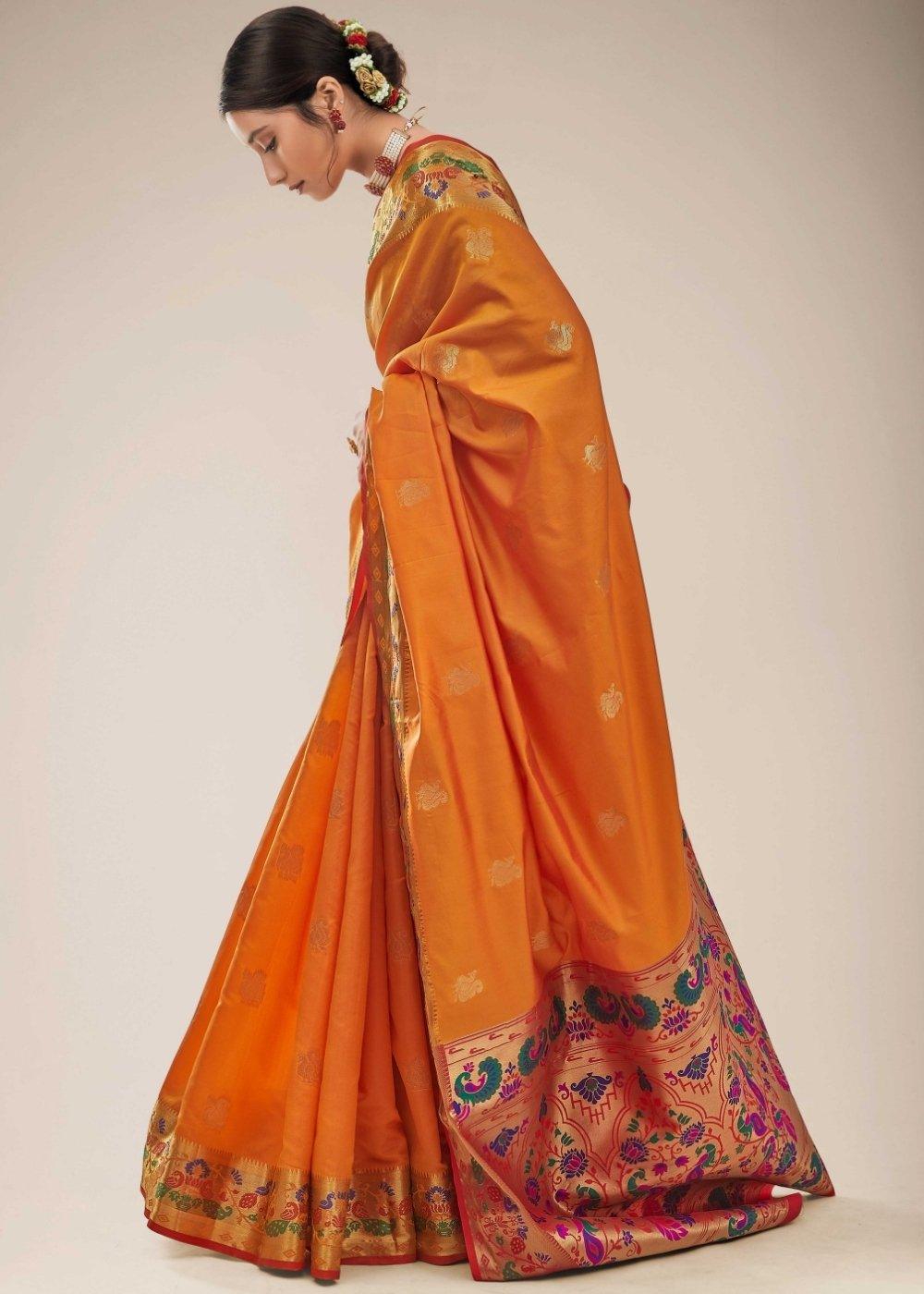 Royal Orange Woven Paithani Silk Saree | Stitched Blouse - qivii