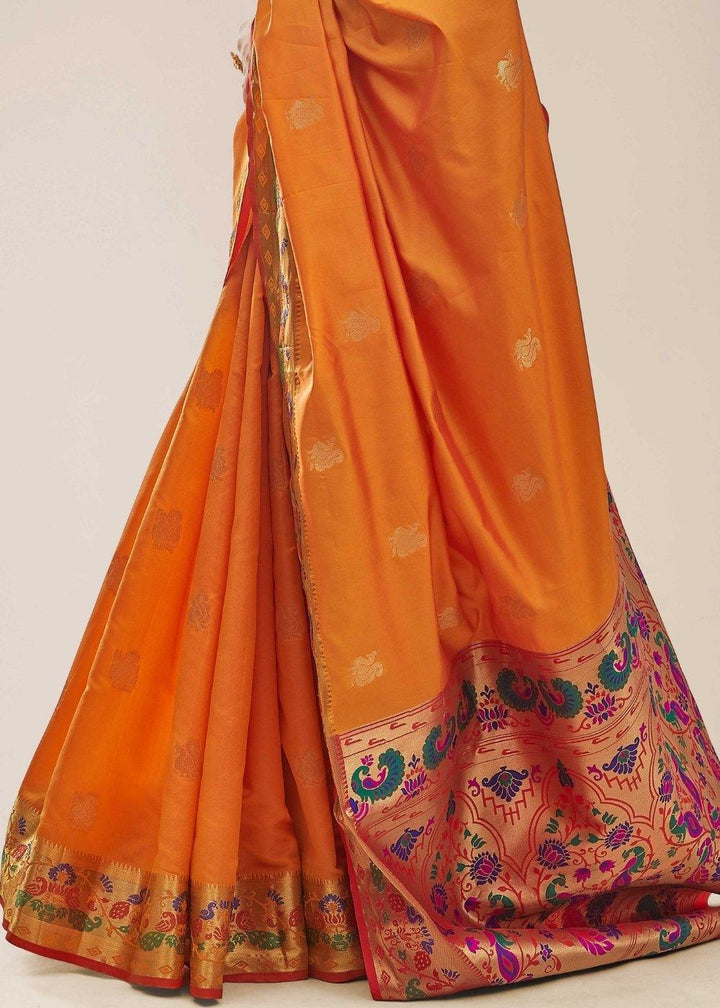 Royal Orange Woven Paithani Silk Saree | Stitched Blouse - qivii