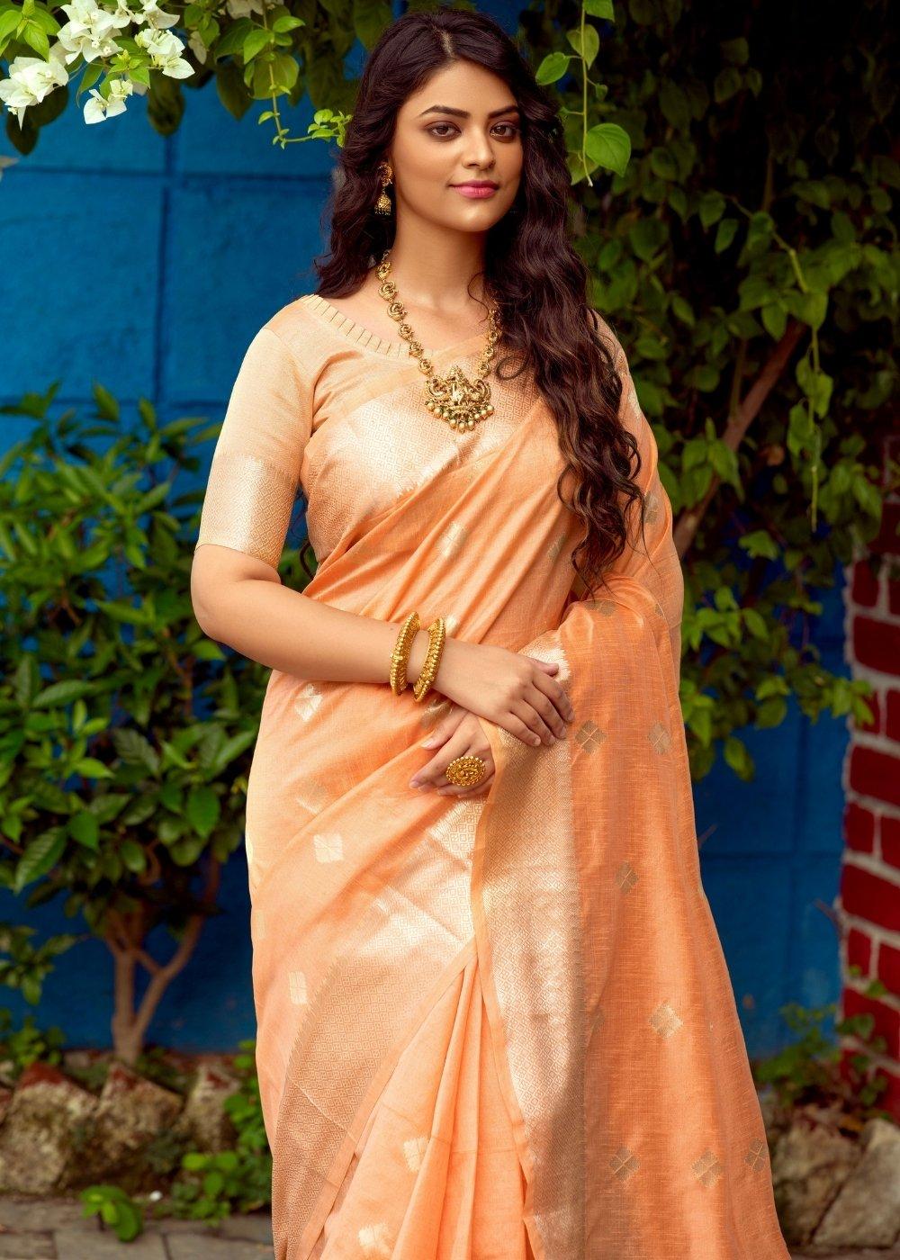 Royal Orange Zari Woven Assam Silk Saree | Stitched Blouse - qivii