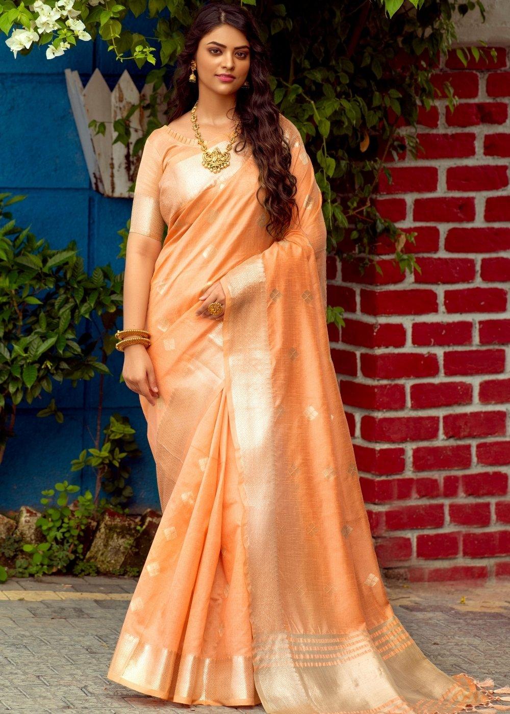 Royal Orange Zari Woven Assam Silk Saree | Stitched Blouse - qivii