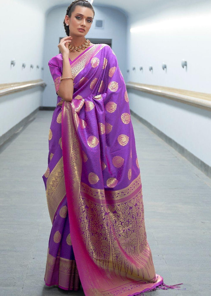 Royal Purple Woven Banarasi Silk Saree with overall Butti | Stitched Blouse - qivii