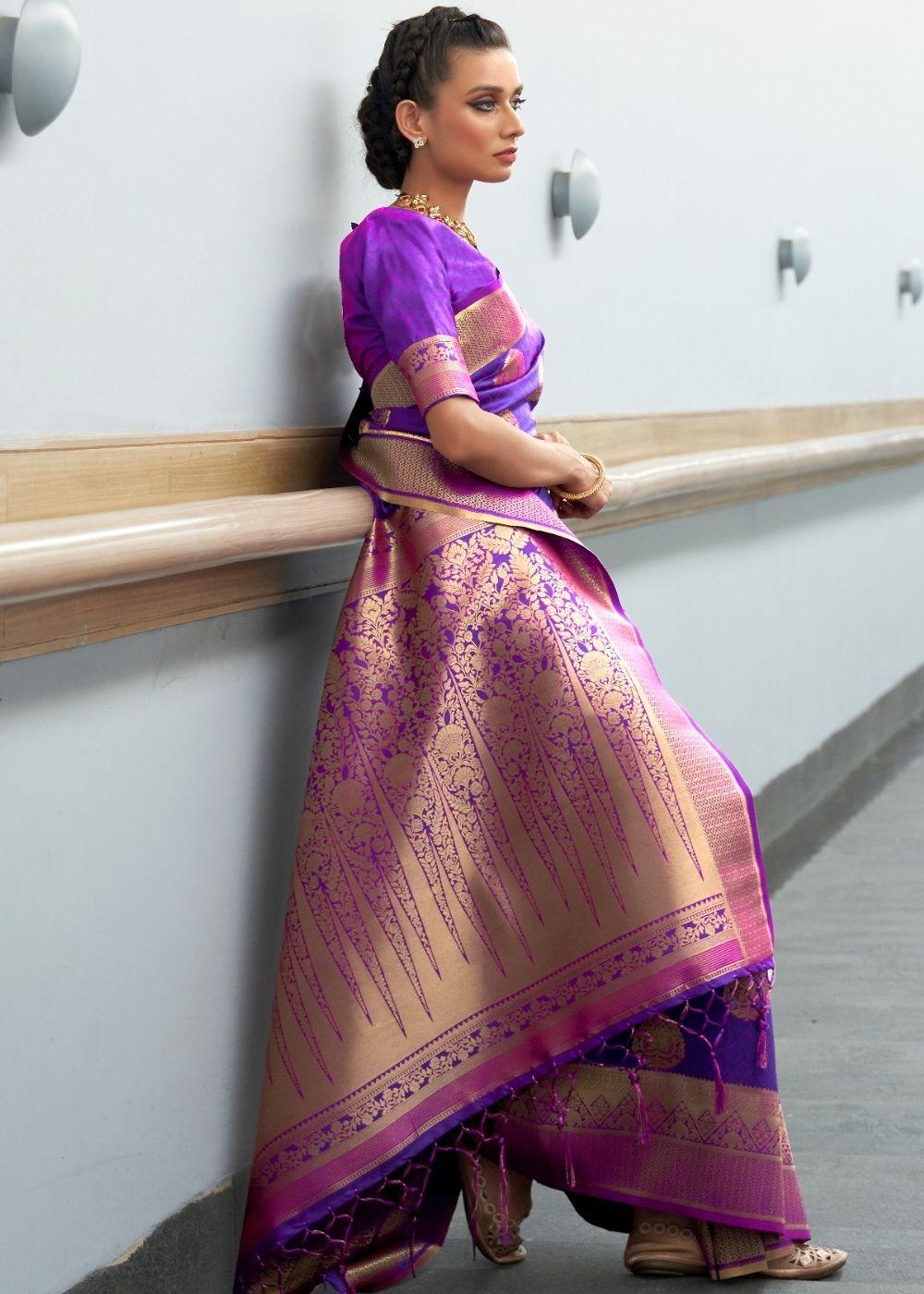 Royal Purple Woven Banarasi Silk Saree with overall Butti | Stitched Blouse - qivii