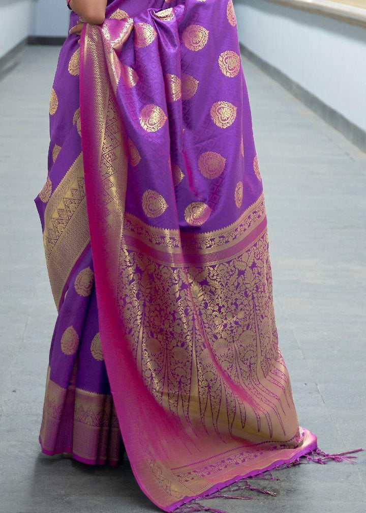 Royal Purple Woven Banarasi Silk Saree with overall Butti | Stitched Blouse - qivii