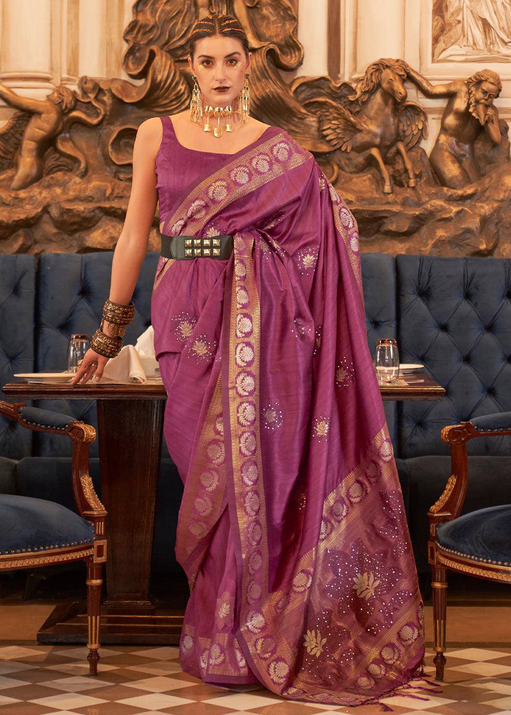 Royal Purple Woven Tussar Silk Saree with Sequins Work | Stitched Blouse - qivii