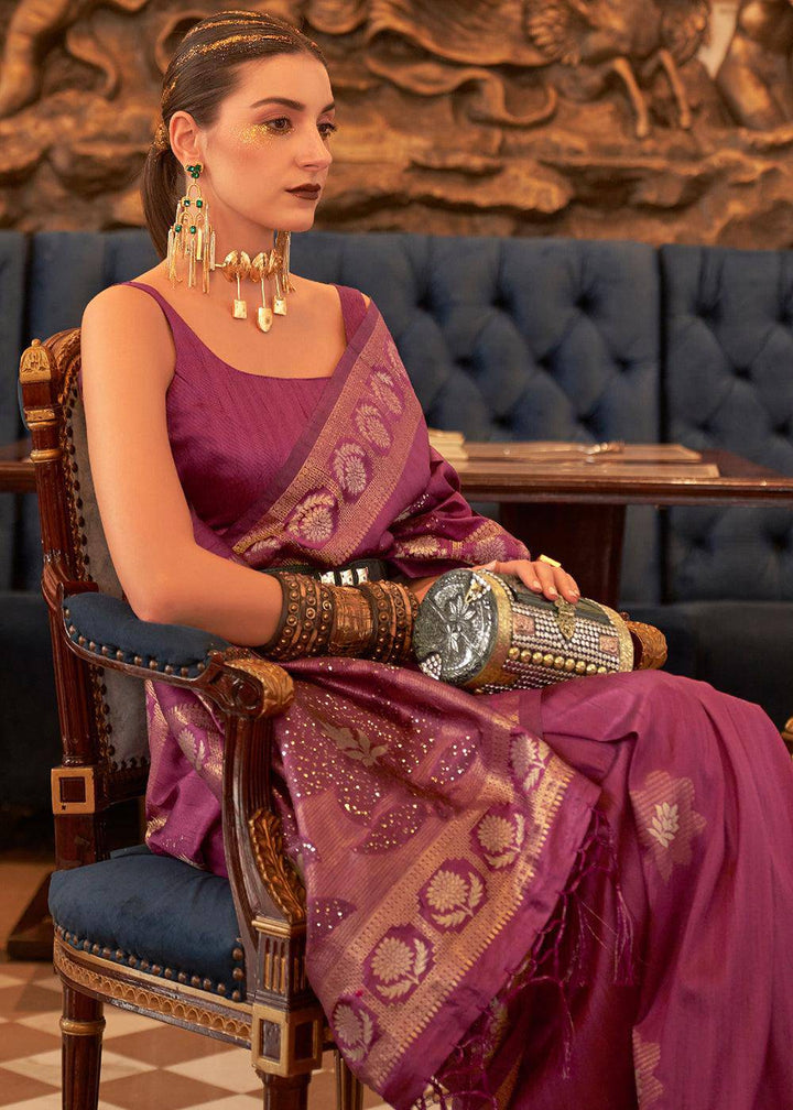 Royal Purple Woven Tussar Silk Saree with Sequins Work | Stitched Blouse - qivii