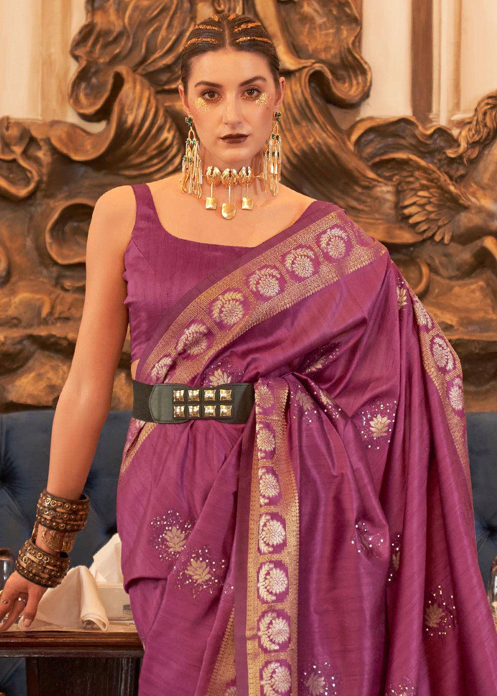 Royal Purple Woven Tussar Silk Saree with Sequins Work | Stitched Blouse - qivii