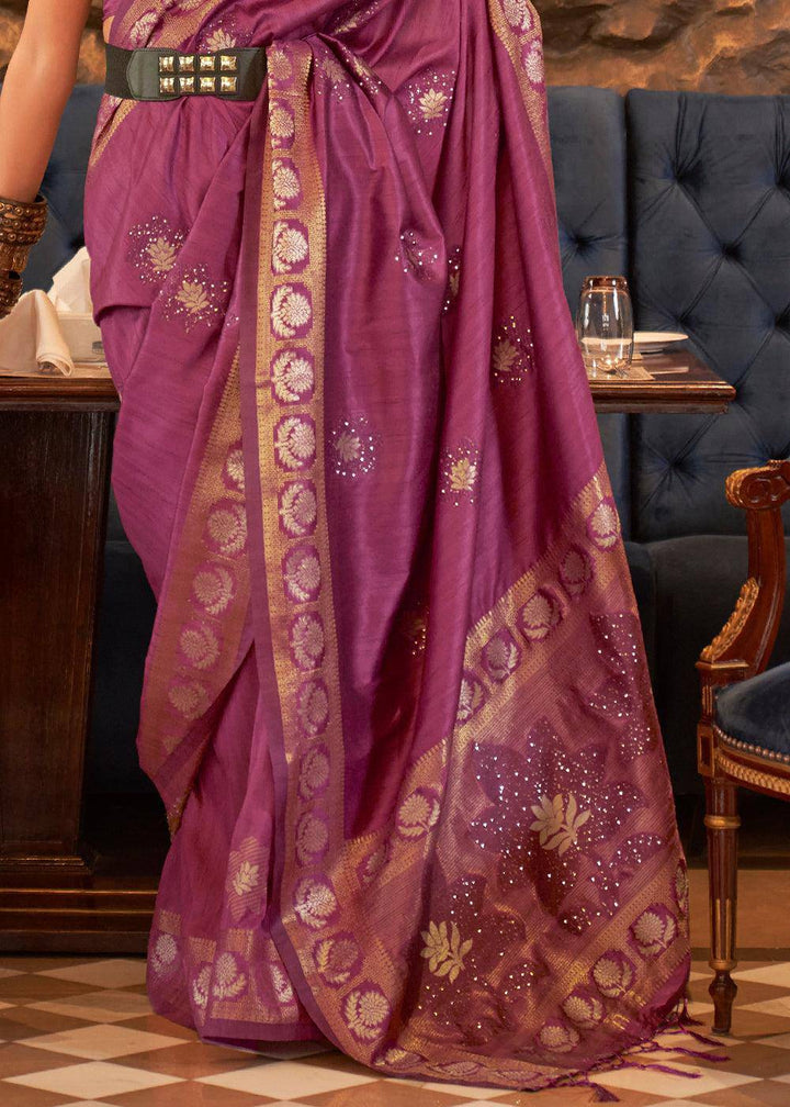 Royal Purple Woven Tussar Silk Saree with Sequins Work | Stitched Blouse - qivii