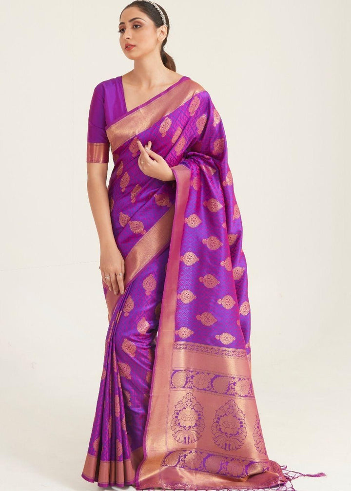 Royal Purple Zari Butta Woven Banasari Silk Saree | Stitched Blouse - qivii