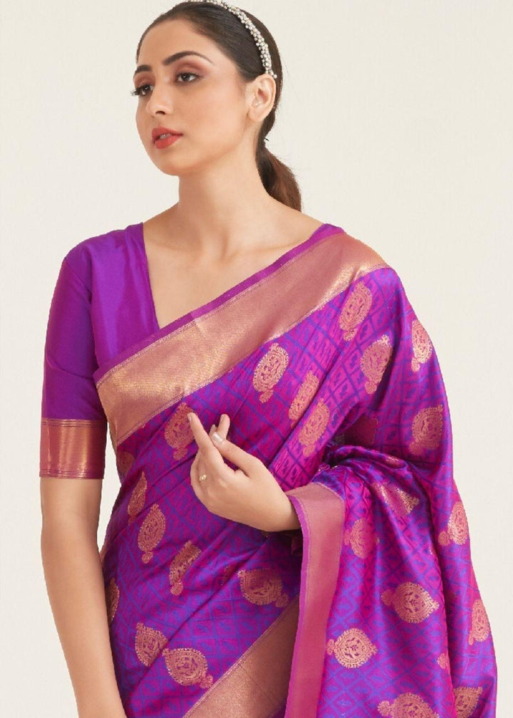 Royal Purple Zari Butta Woven Banasari Silk Saree | Stitched Blouse - qivii