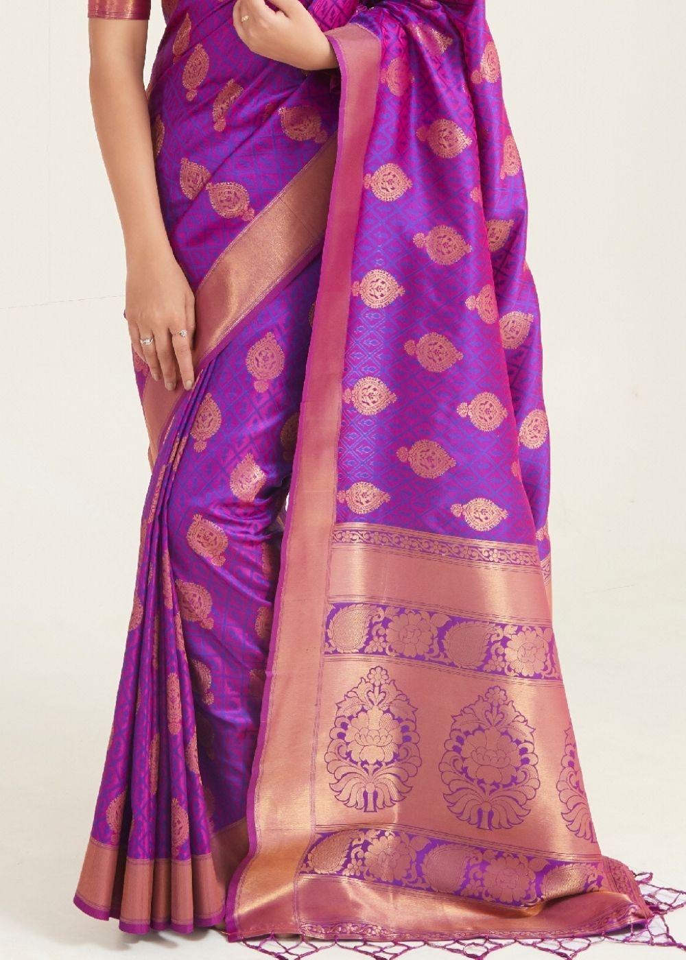 Royal Purple Zari Butta Woven Banasari Silk Saree | Stitched Blouse - qivii