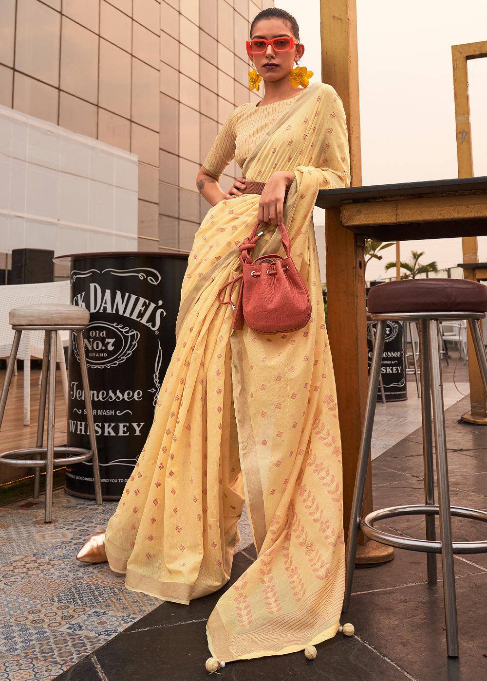 Royal Yellow Handloom Weaving Banarasi Cotton Silk Saree | Stitched Blouse - qivii