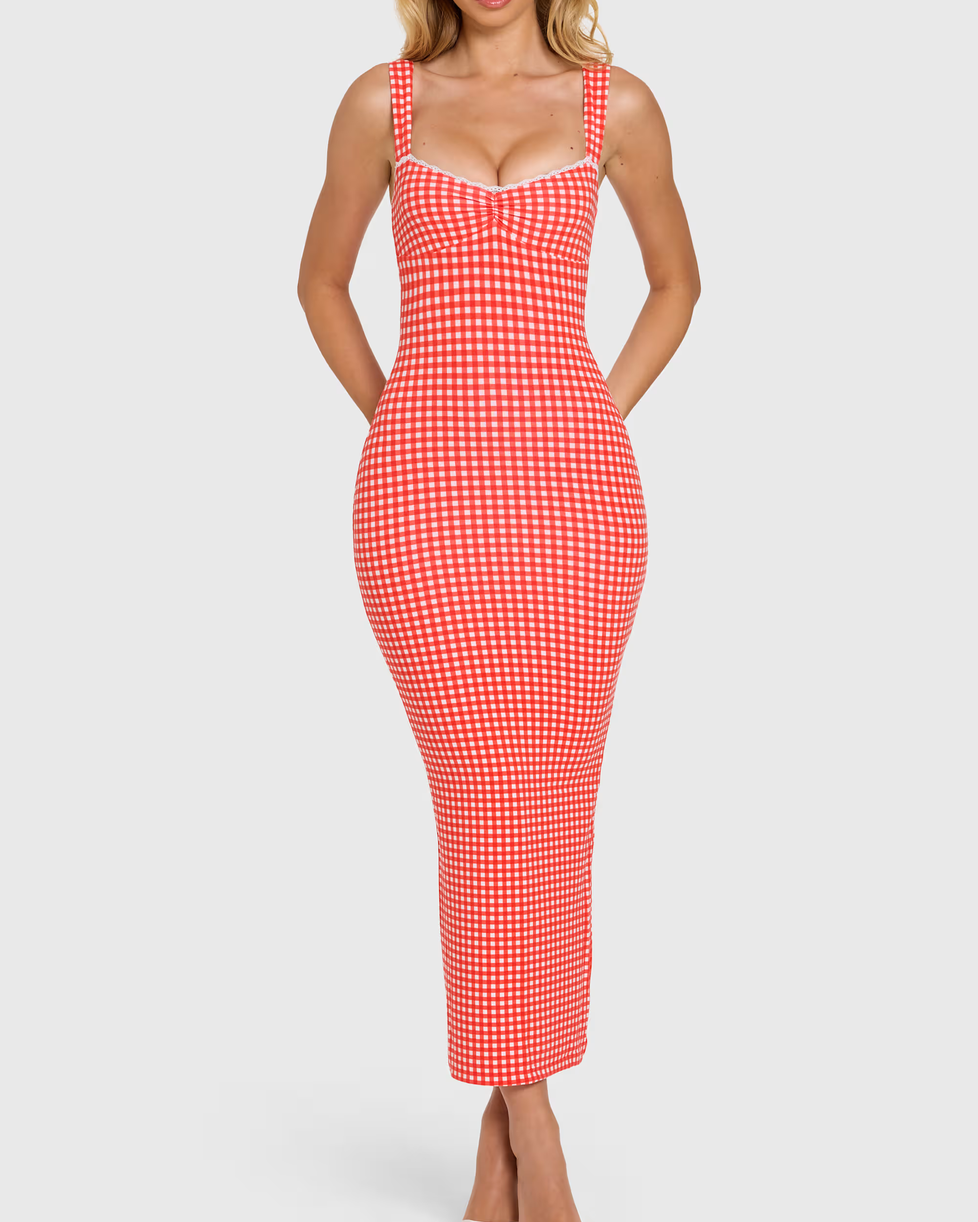 Lace-trim Midaxi Dress in Red Gingham  - By Qivii