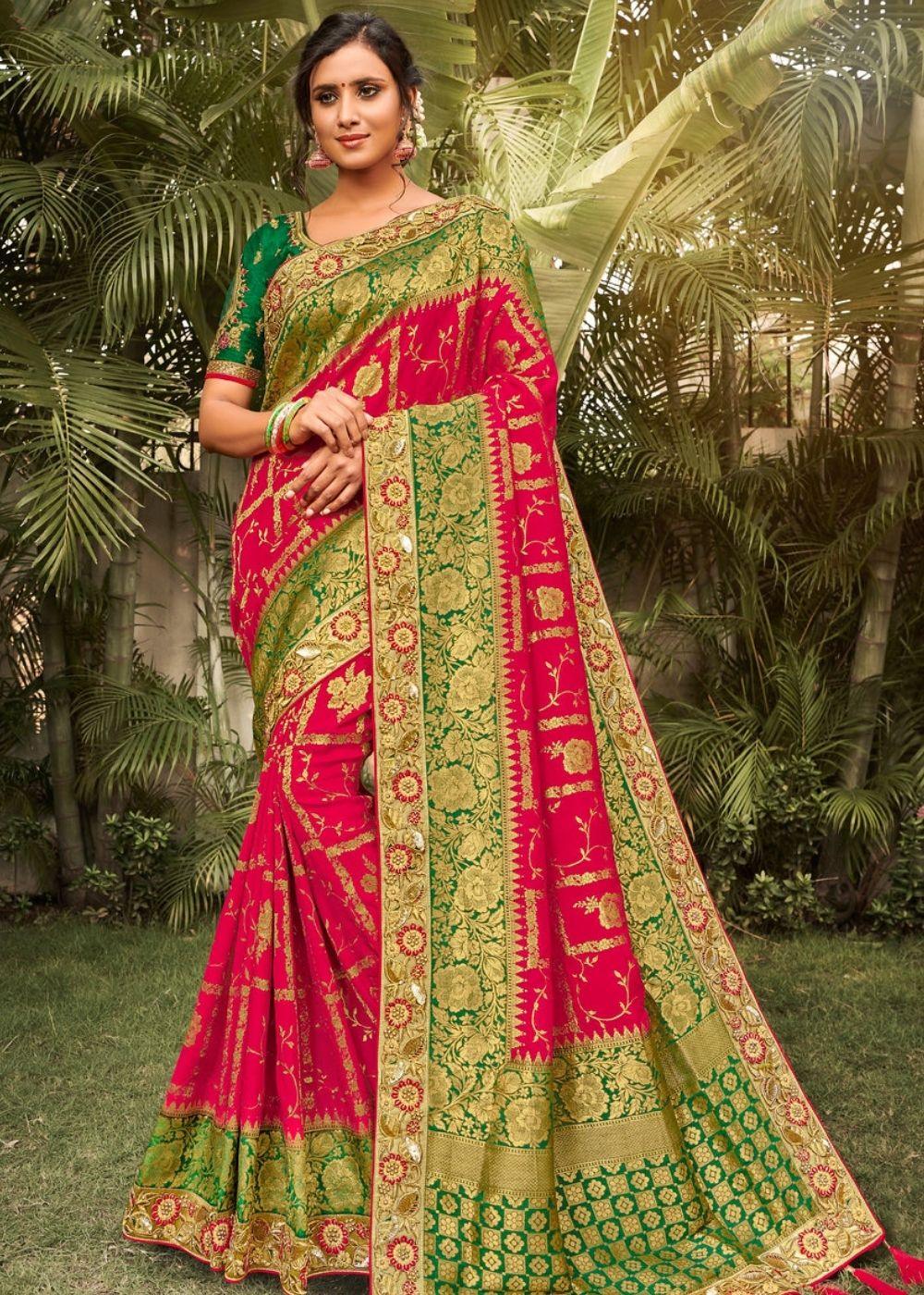 Ruby Pink and Green Banarasi Dola Silk Saree with Resham Embroidery, Zari and Moti work | Stitched Blouse - qivii