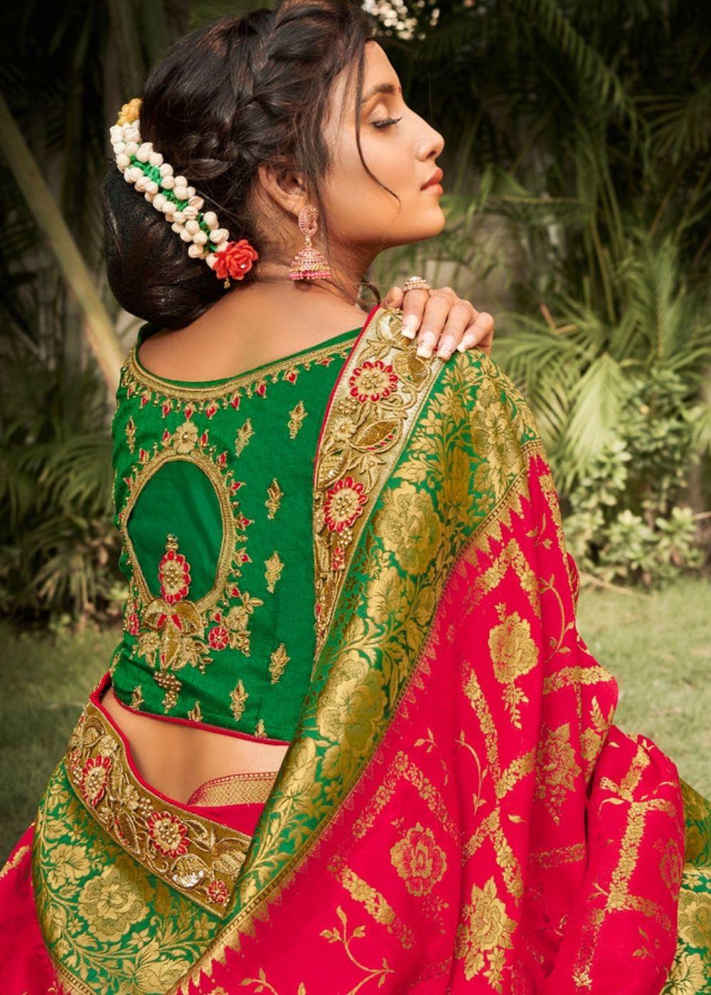 Ruby Pink and Green Banarasi Dola Silk Saree with Resham Embroidery, Zari and Moti work | Stitched Blouse - qivii