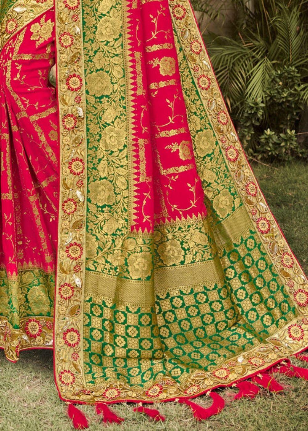 Ruby Pink and Green Banarasi Dola Silk Saree with Resham Embroidery, Zari and Moti work | Stitched Blouse - qivii