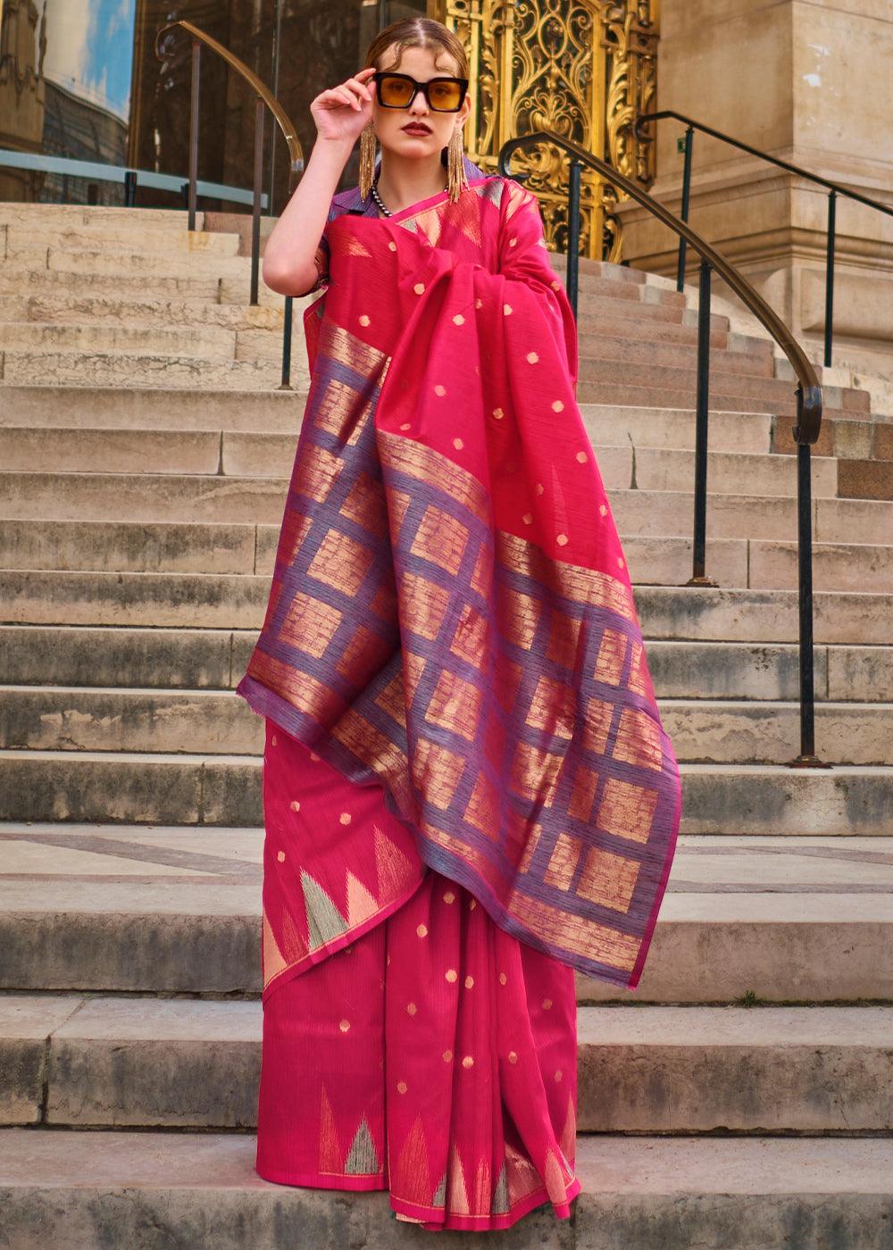 Ruby Pink Handloom Woven Khadi Silk Saree - qivii