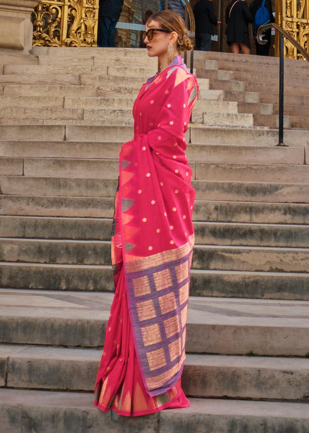 Ruby Pink Handloom Woven Khadi Silk Saree - qivii