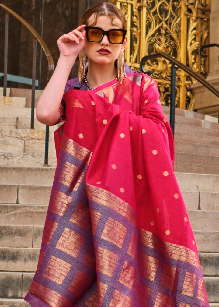 Ruby Pink Handloom Woven Khadi Silk Saree - qivii