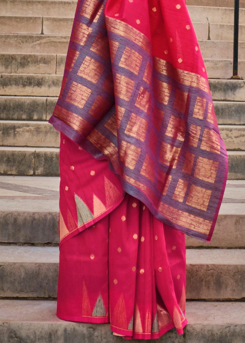 Ruby Pink Handloom Woven Khadi Silk Saree - qivii