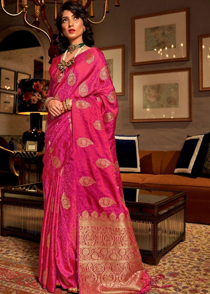 Ruby Pink Satin Woven Silk Saree with overall Golden Buti - qivii