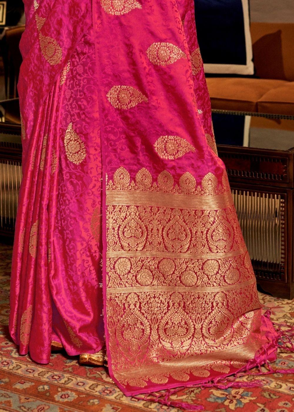 Ruby Pink Satin Woven Silk Saree with overall Golden Buti - qivii