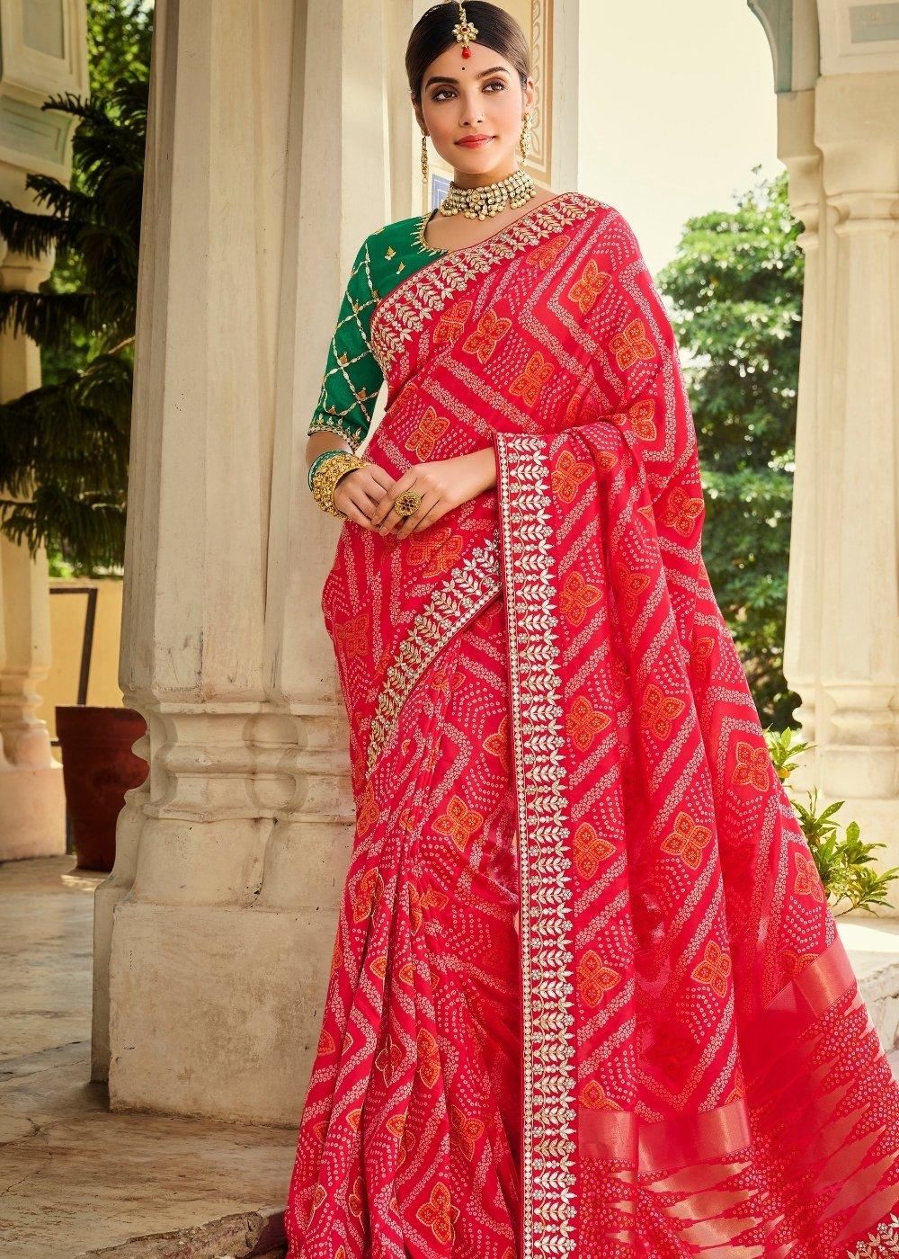 Ruby Pink Woven Banarasi Silk Saree with Embroidered Blouse | Stitched Blouse - qivii