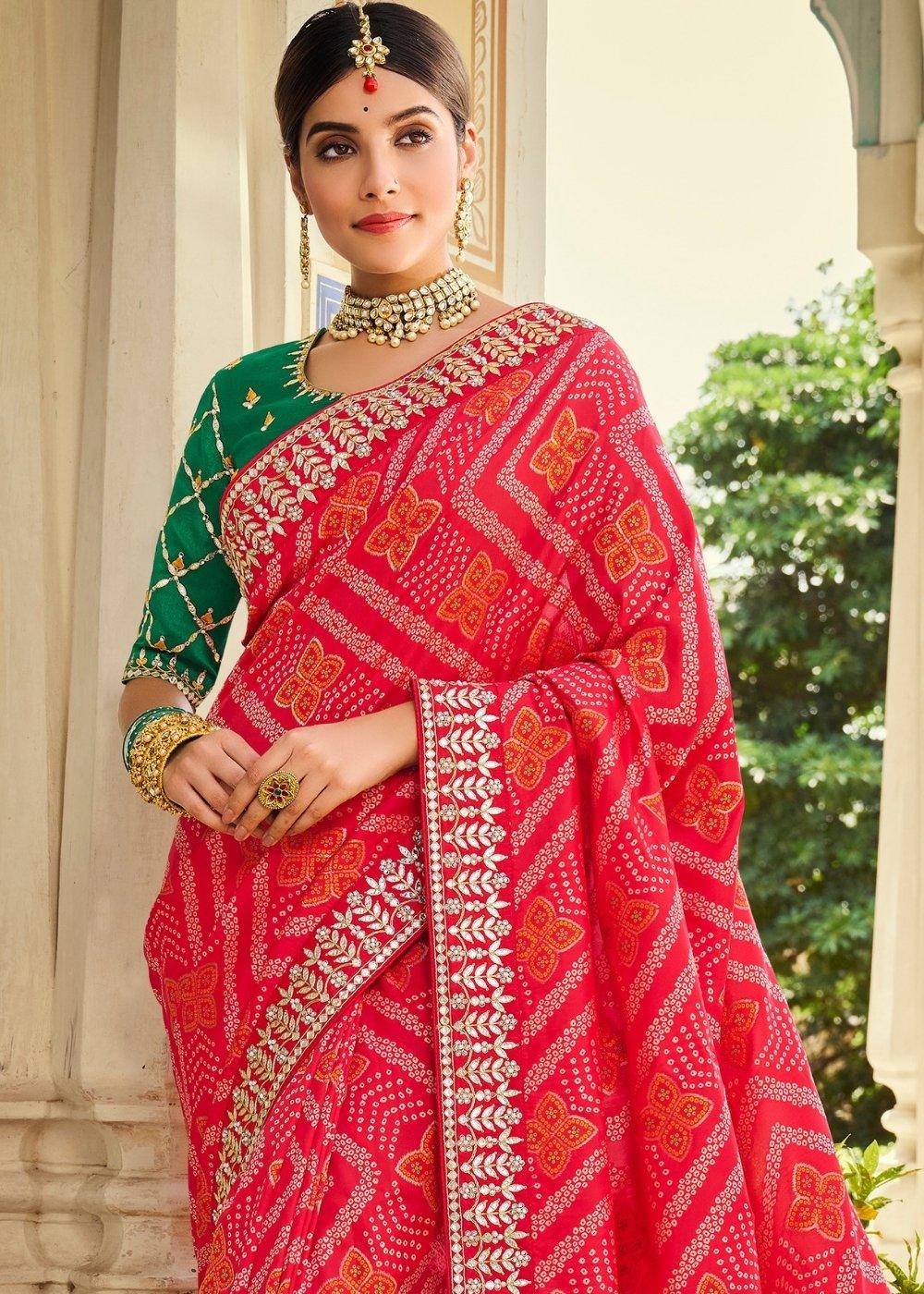 Ruby Pink Woven Banarasi Silk Saree with Embroidered Blouse | Stitched Blouse - qivii