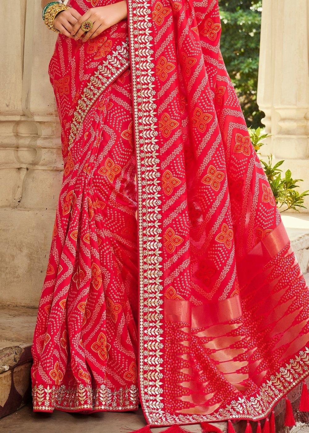 Ruby Pink Woven Banarasi Silk Saree with Embroidered Blouse | Stitched Blouse - qivii