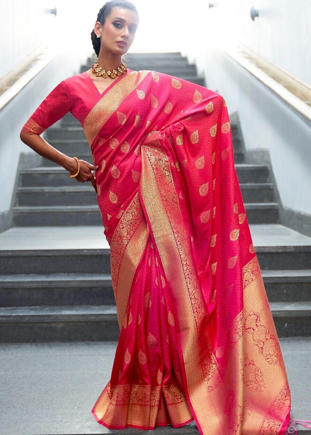 Ruby Pink Woven Banarasi Silk Saree with overall Butti | Stitched Blouse - qivii