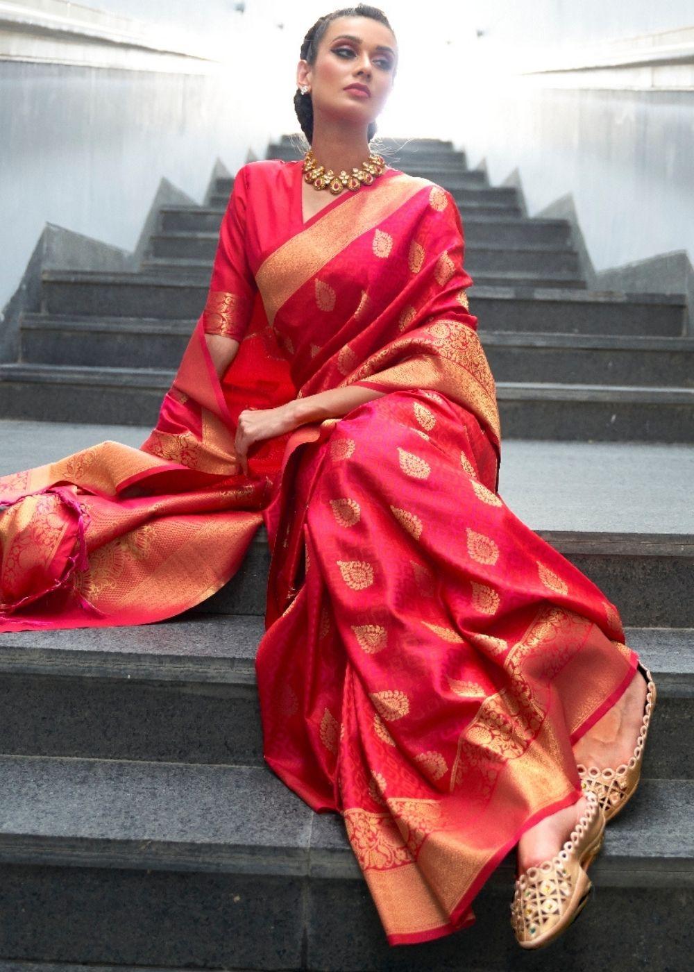 Ruby Pink Woven Banarasi Silk Saree with overall Butti | Stitched Blouse - qivii