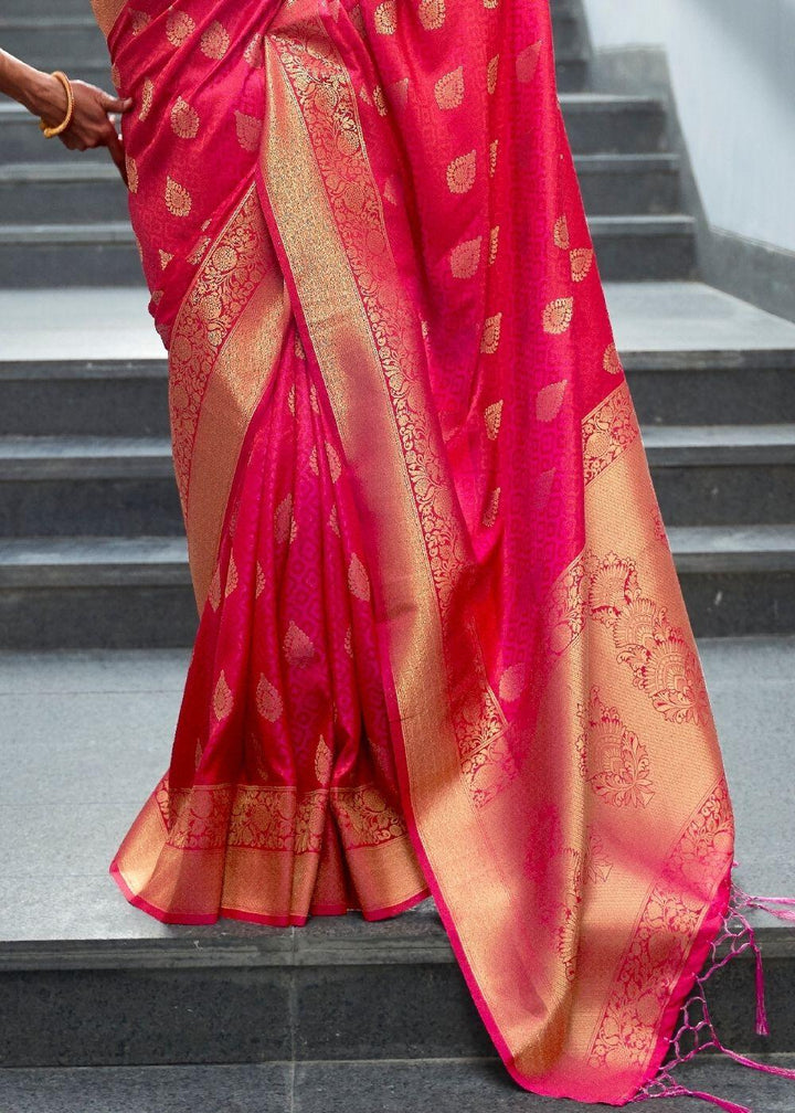 Ruby Pink Woven Banarasi Silk Saree with overall Butti | Stitched Blouse - qivii