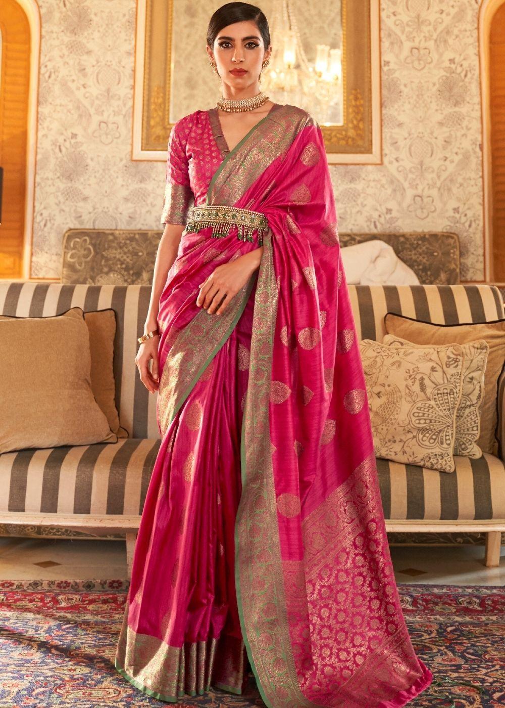 Ruby Pink Woven Banarasi Tussar Silk Saree : Top Pick - qivii