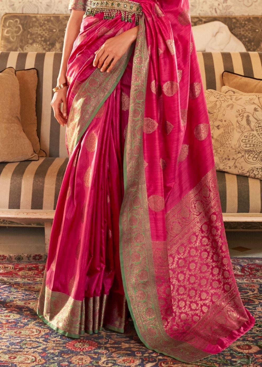 Ruby Pink Woven Banarasi Tussar Silk Saree : Top Pick - qivii