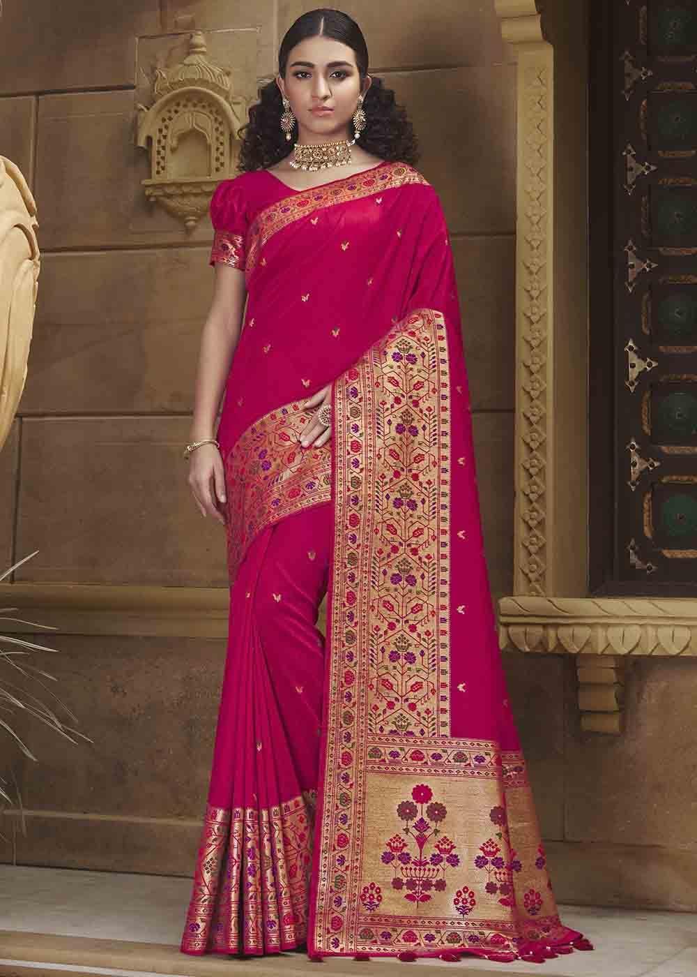 Ruby Pink Woven Paithani Banarasi Silk Saree | Stitched Blouse - qivii