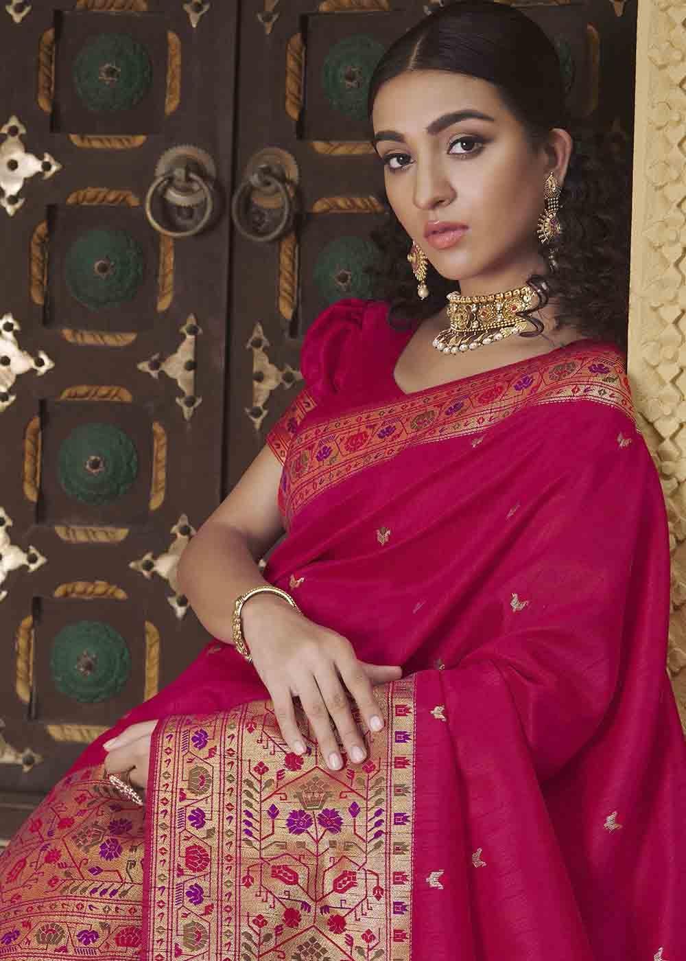 Ruby Pink Woven Paithani Banarasi Silk Saree | Stitched Blouse - qivii