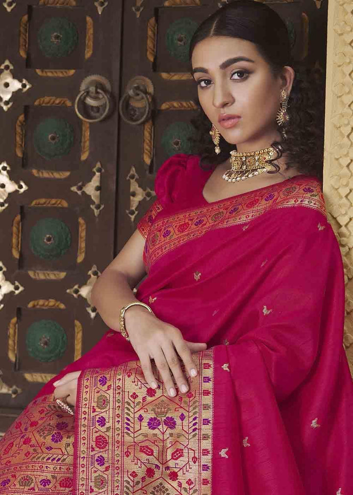 Ruby Pink Woven Paithani Banarasi Silk Saree | Stitched Blouse - qivii