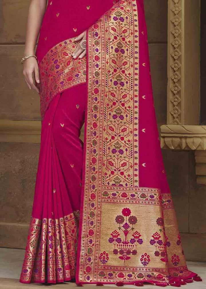 Ruby Pink Woven Paithani Banarasi Silk Saree | Stitched Blouse - qivii