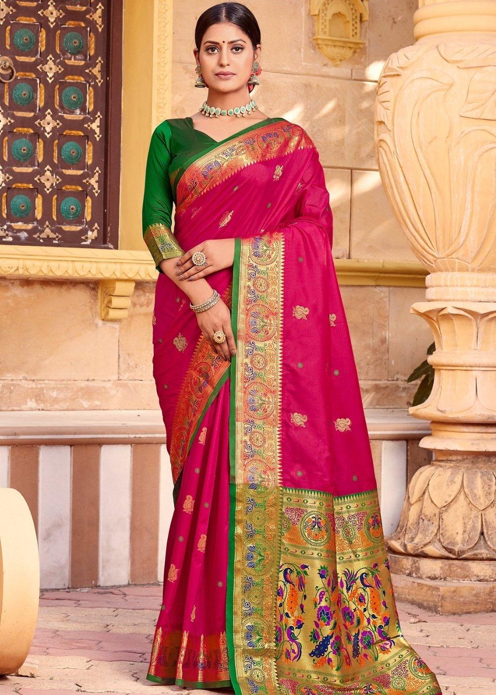 Ruby Pink Woven Paithani Silk Saree | Stitched Blouse - qivii