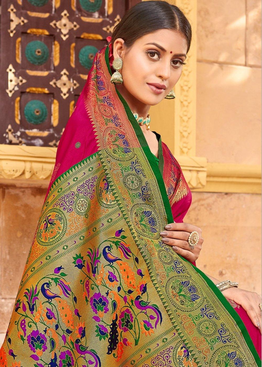 Ruby Pink Woven Paithani Silk Saree | Stitched Blouse - qivii