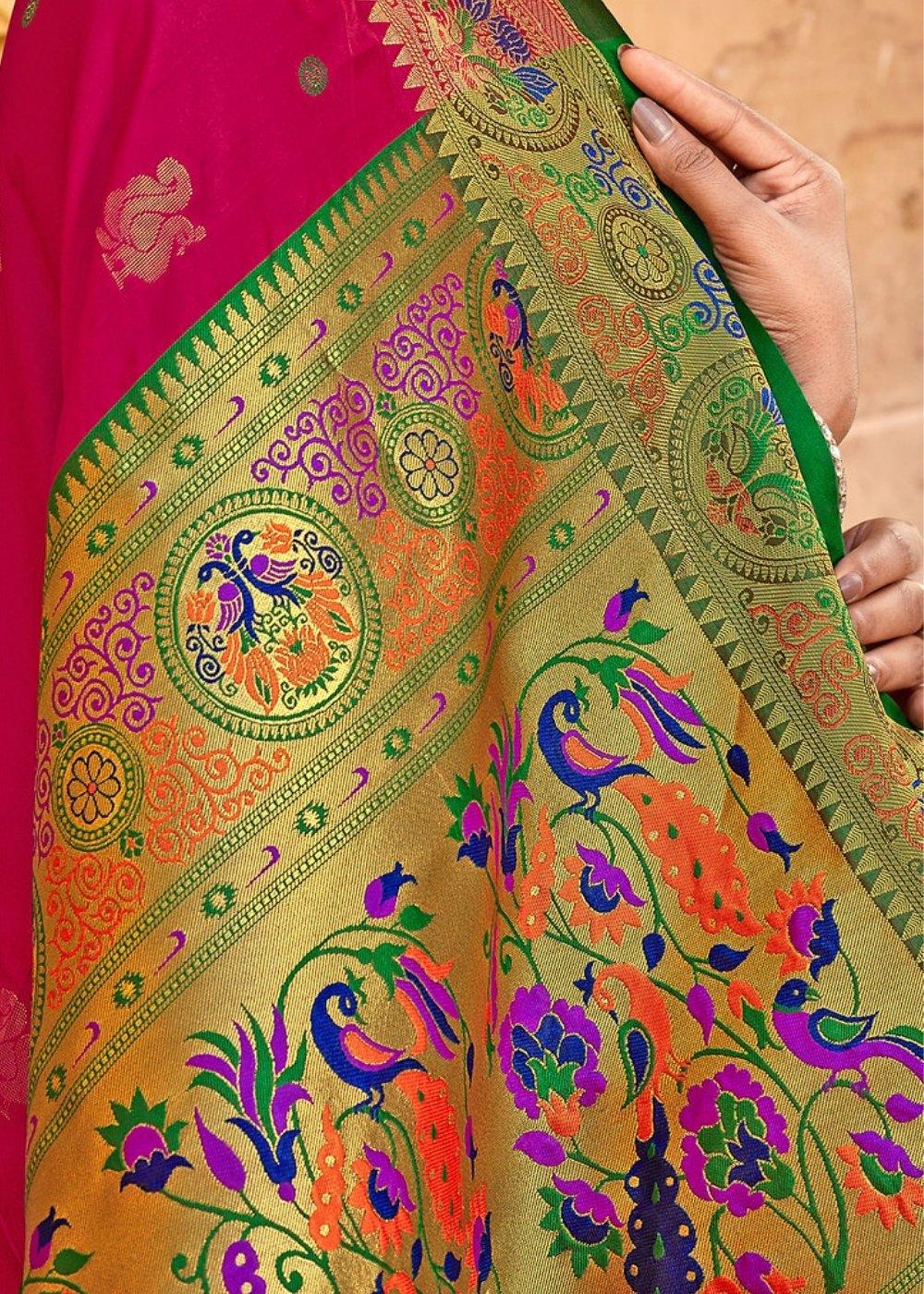 Ruby Pink Woven Paithani Silk Saree | Stitched Blouse - qivii