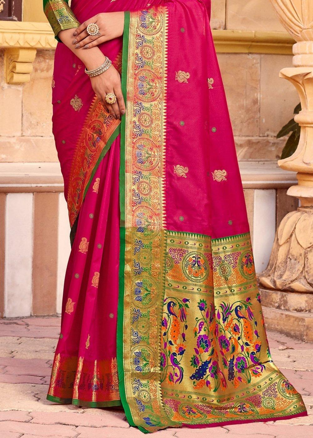 Ruby Pink Woven Paithani Silk Saree | Stitched Blouse - qivii