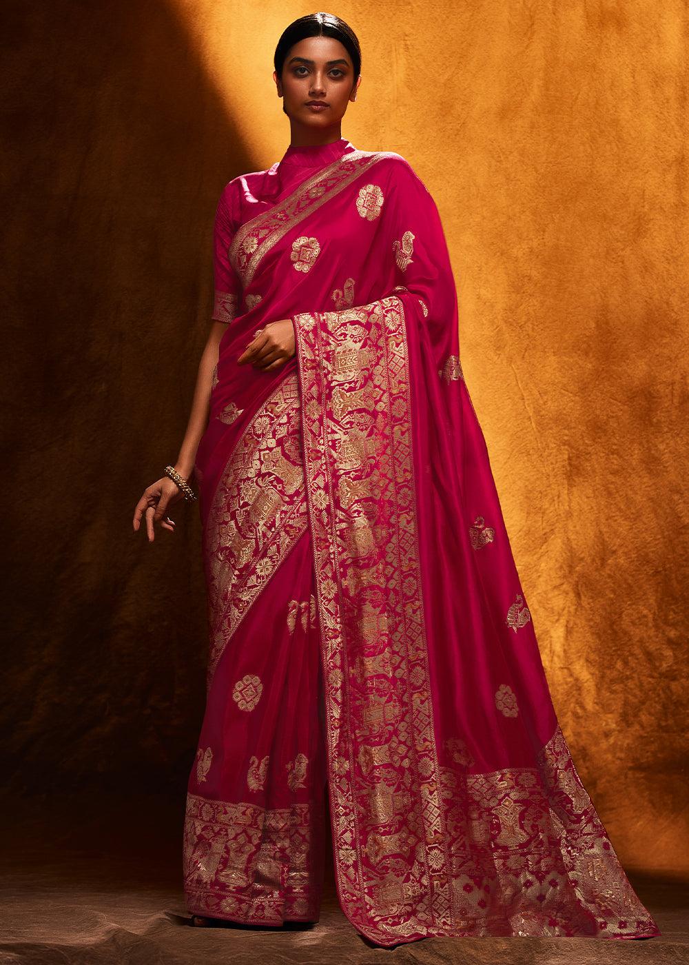 Ruby Pink Woven Viscose Silk Saree - qivii