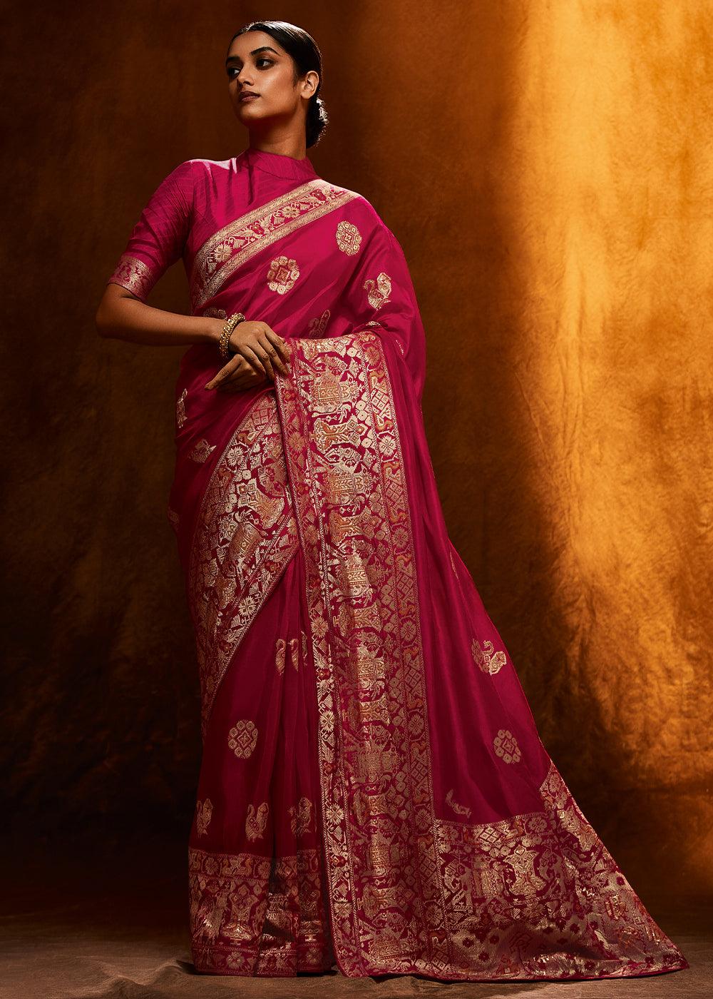 Ruby Pink Woven Viscose Silk Saree - qivii