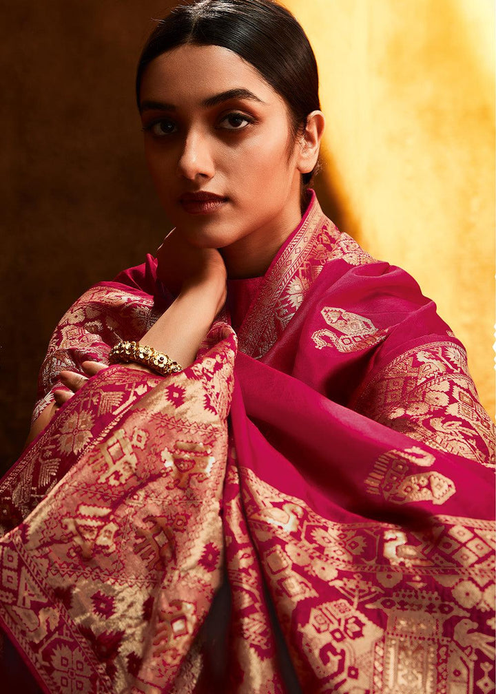 Ruby Pink Woven Viscose Silk Saree - qivii