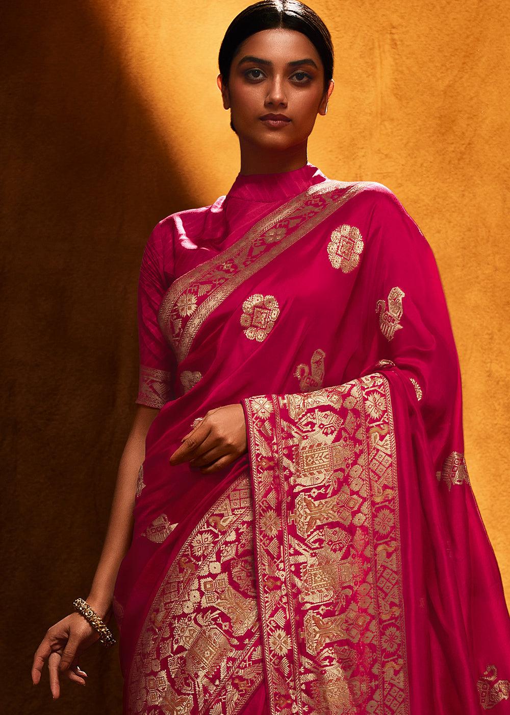 Ruby Pink Woven Viscose Silk Saree - qivii