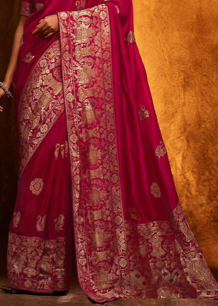 Ruby Pink Woven Viscose Silk Saree - qivii