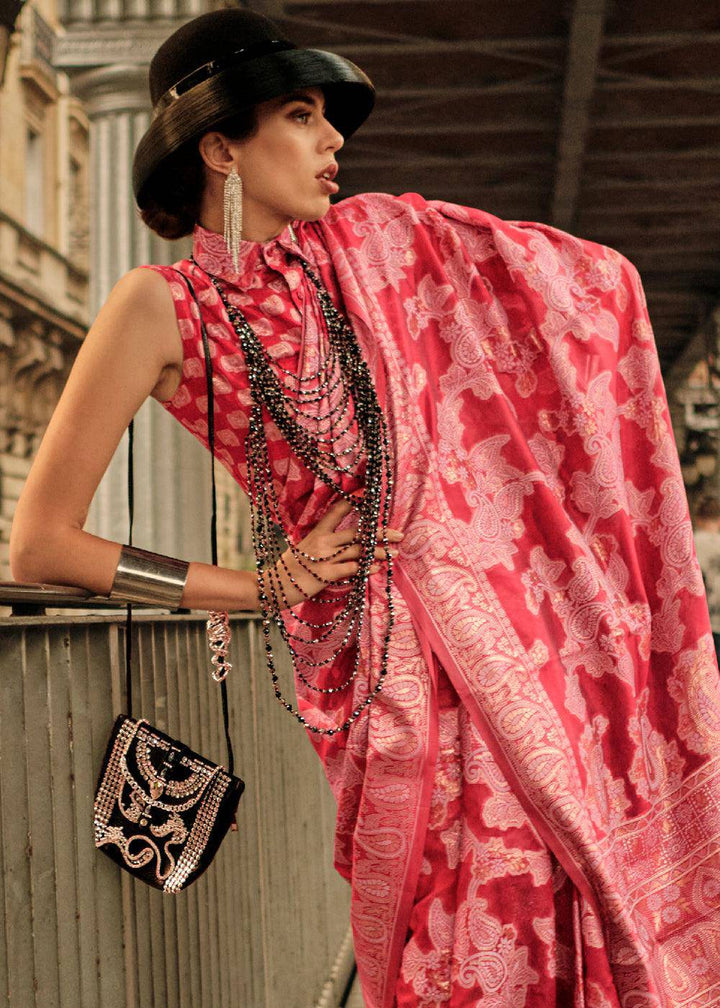 Ruby Pink Zari Handloom Woven Organza Silk Saree | Stitched Blouse - qivii