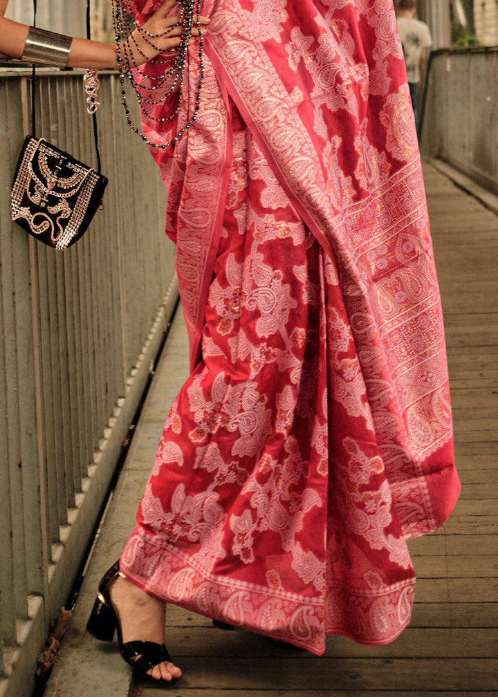 Ruby Pink Zari Handloom Woven Organza Silk Saree | Stitched Blouse - qivii