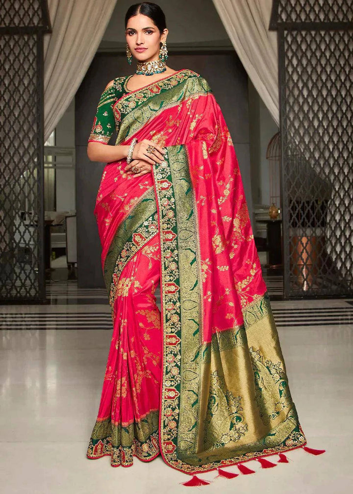 Ruby Pink Zari Weaving Satin Silk Saree with Embroidery Border | Stitched Blouse - qivii